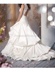 Princess A-Line Champagne Satin Applique Beading Pleated Lace Dress
