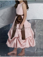 Pink Sash Bow Ruched Duchess Satin Ball Gown Flower Girl Dresses  