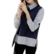 False Two Piece Top Long Sleeve Blouse Striped Patchwork Casual Shirts